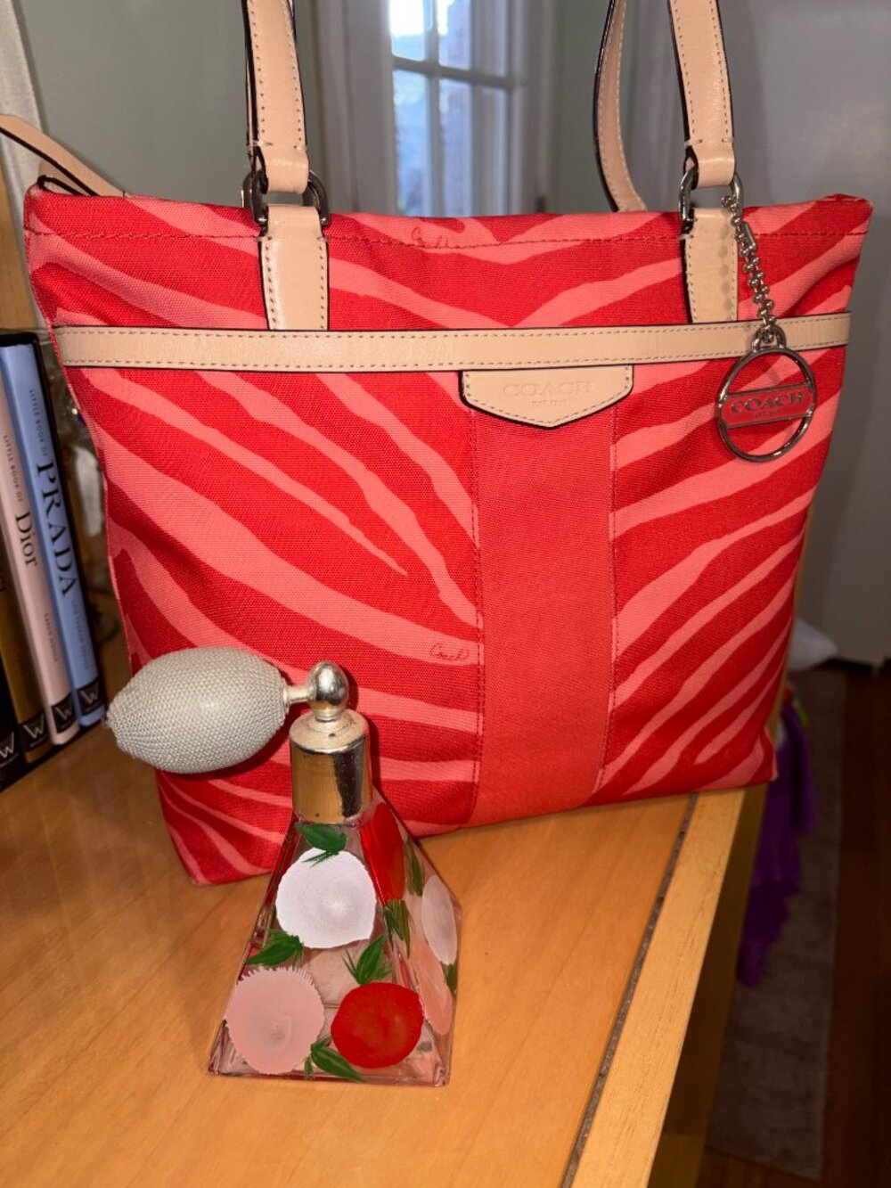 COACH RED & PINK ZEBRA STRIPE TOTE BAG - EUC